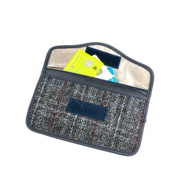 Tweed case for mobile phone, papers and car key with RFID protection